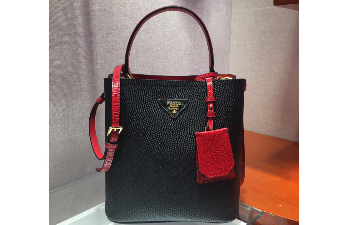 Prada 1BA212 Panier Medium bags Black/Red Saffiano leather