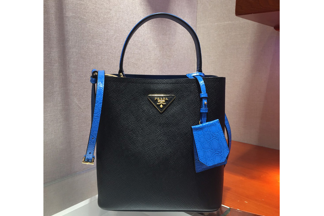 Prada 1BA212 Panier Medium bags Black/Blue Saffiano leather