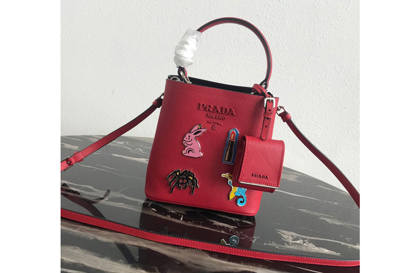 Prada 1BA217 Small Prada Panier bag with appliqués in Red Saffiano leather