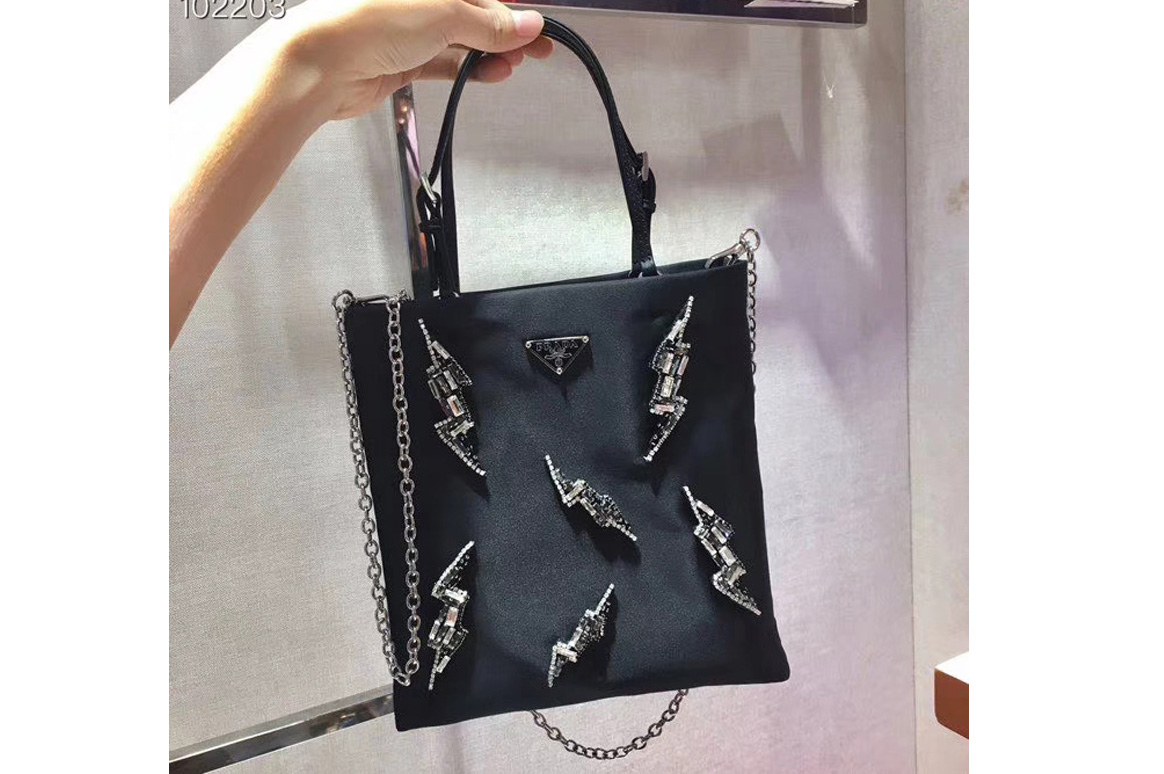 Prada 1BA252 handbags Black Nylon with Diamond