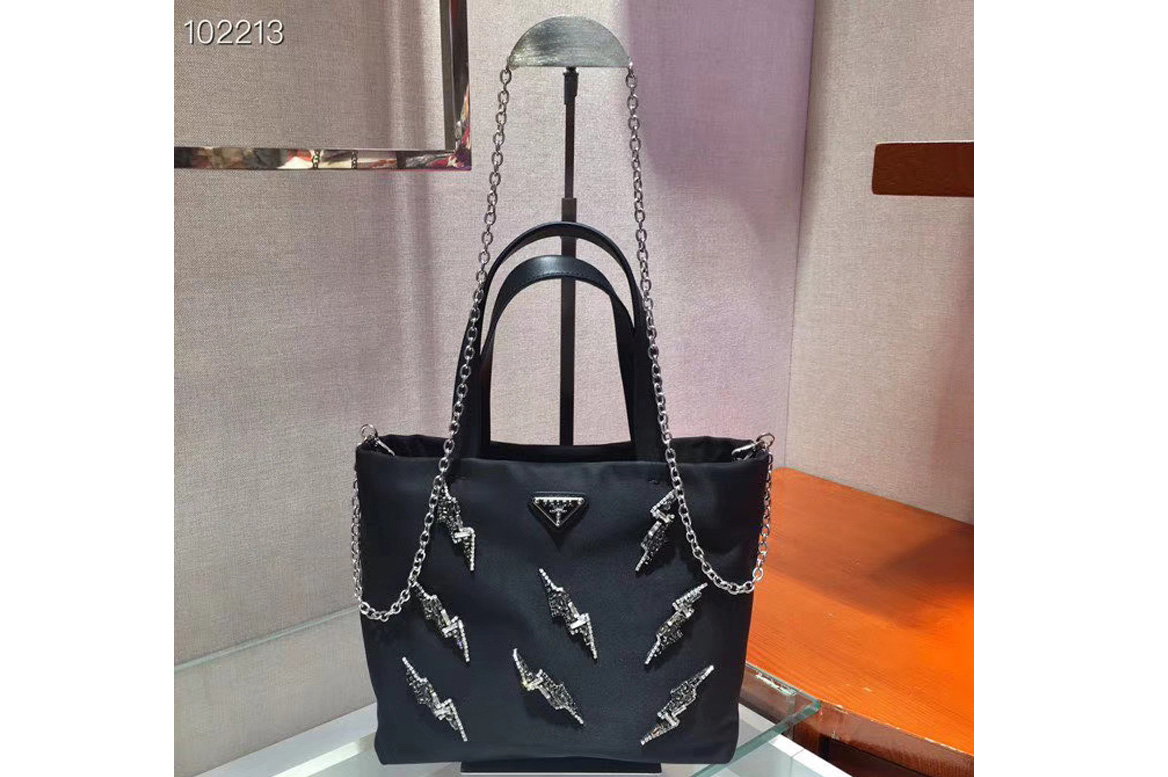 Prada 1BA257 handbags Black Nylon with Diamond