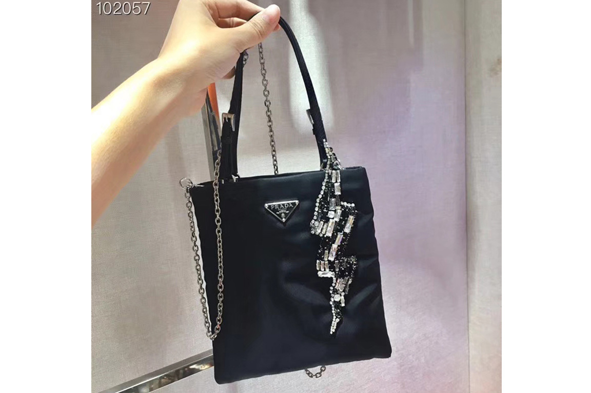 Prada 1BA252 Small handbags Black Nylon with Diamond