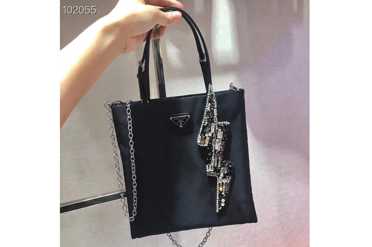Prada 1BA252 handbags Black Nylon with Diamond