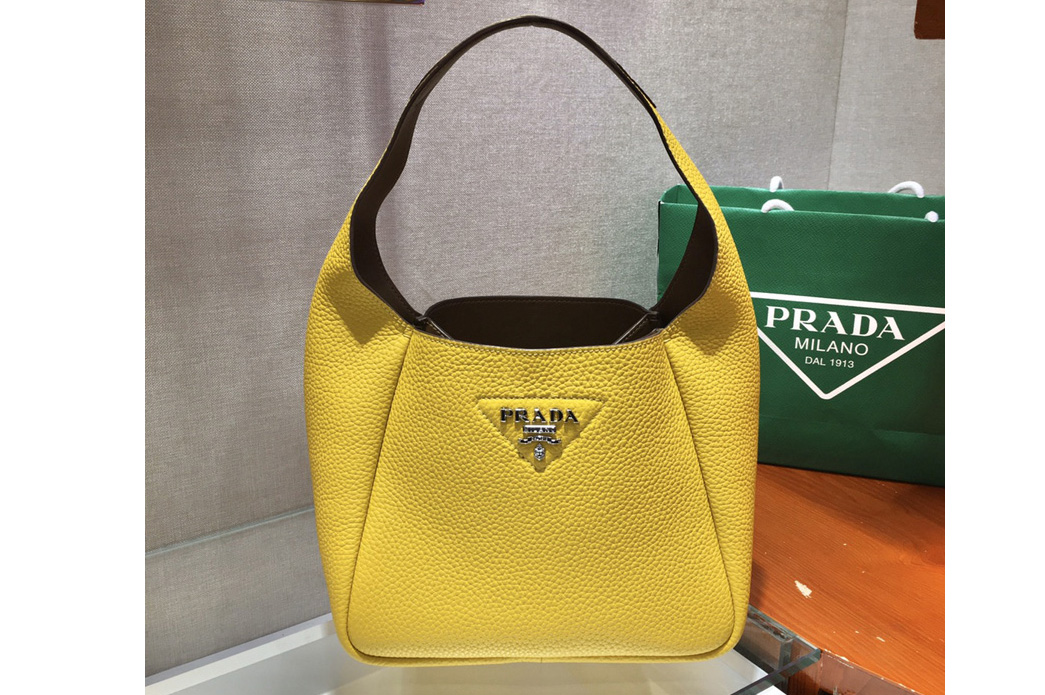 Prada 1BC127 Leather Bucket Handbag in Yellow Calf Leather