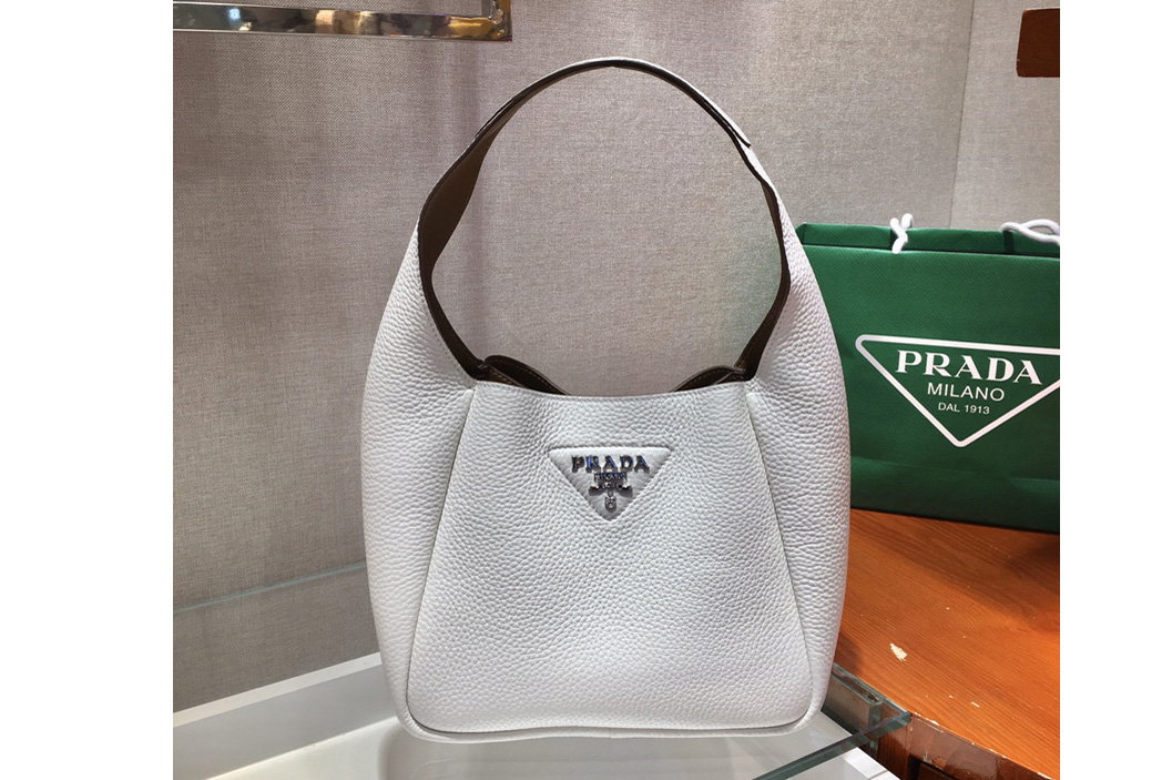 Prada 1BC127 Leather Bucket Handbag in White Calf Leather