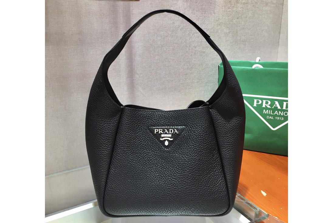 Prada 1BC127 Leather Bucket Handbag in Black Calf Leather