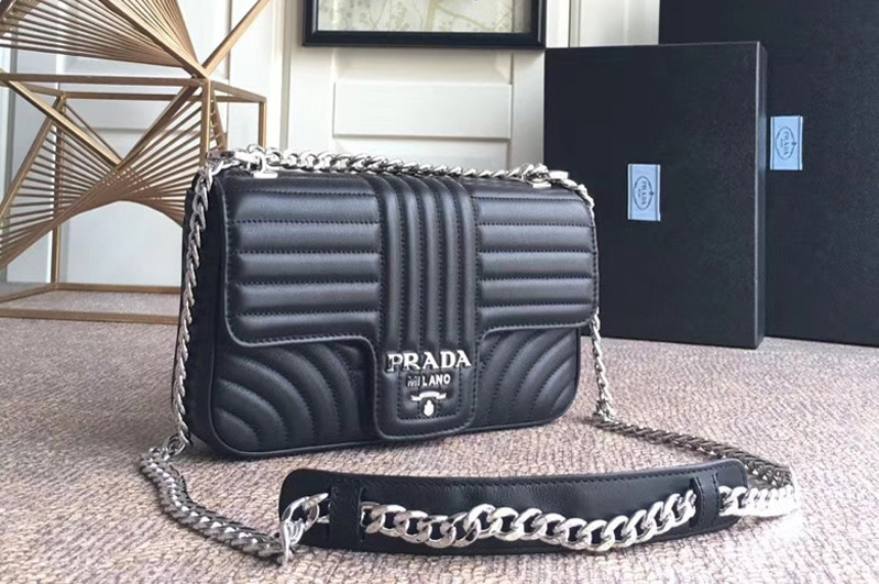 Prada 1BD108 Diagramme medium leather bags Black Stitched leather With Silver Chain