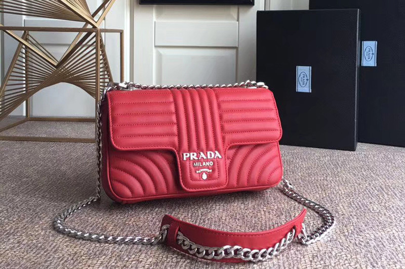 Prada 1BD108 Diagramme medium leather bags Red Stitched leather With Silver Chain