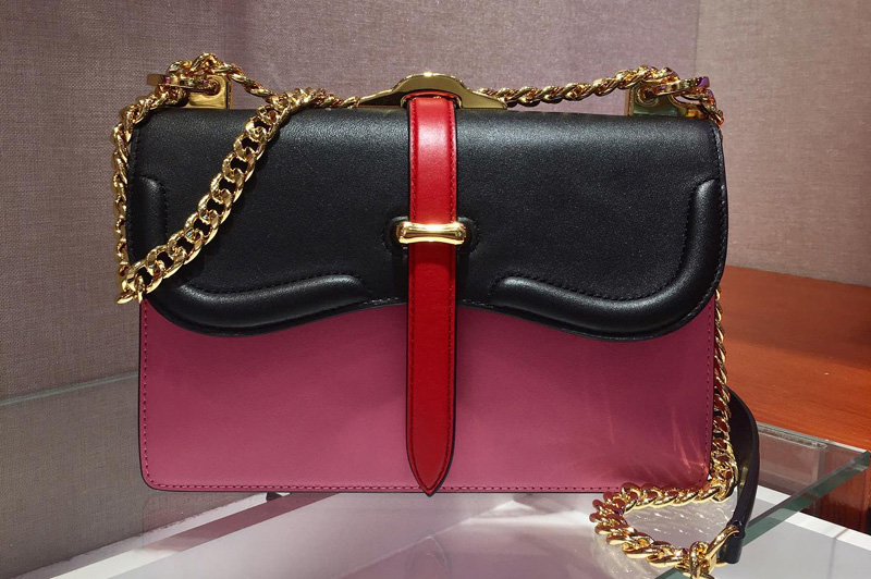 Prada 1BD188 Belle leather shoulder bags Black/Pink Calf Leather