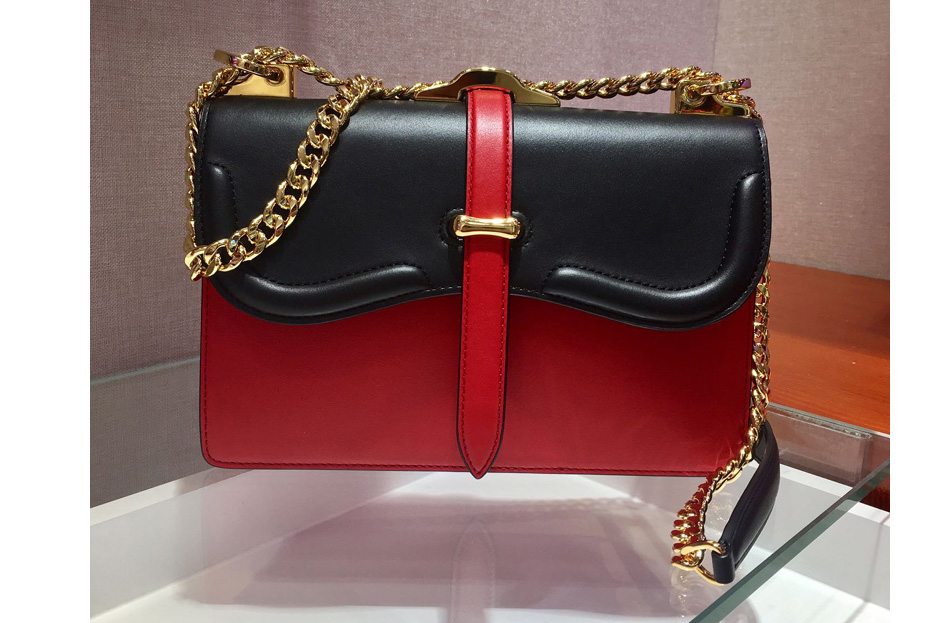 Prada 1BD188 Belle leather shoulder bags Black/Red Calf Leather