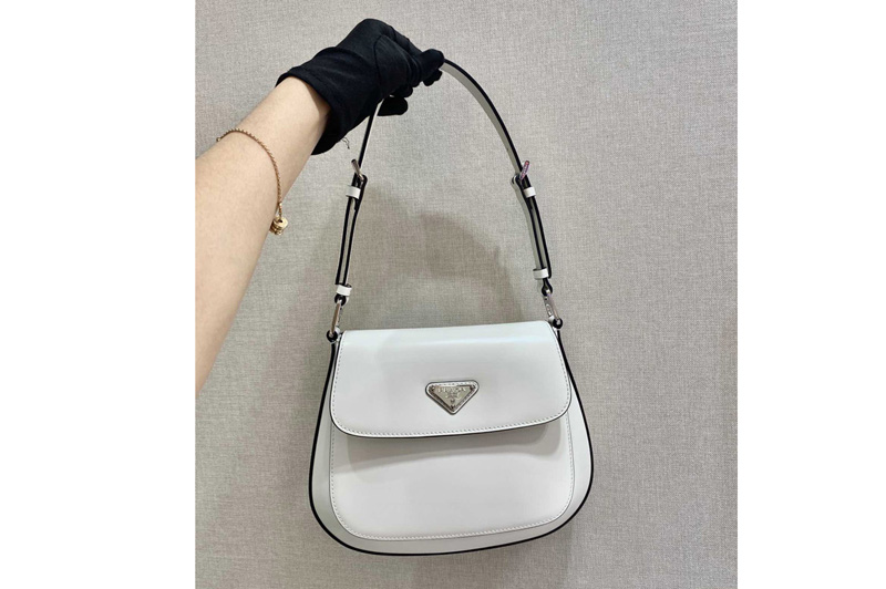 Prada 1BD303 Prada Cleo brushed leather shoulder bag with flap in White brushed leather