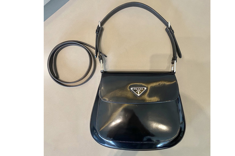 Prada 1BD303 Prada Cleo brushed leather shoulder bag with flap in Black brushed leather