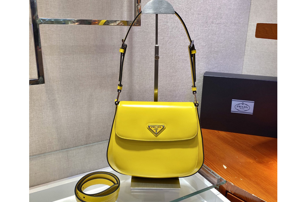 Prada 1BD303 Prada Cleo brushed leather shoulder bag with flap in Yellow brushed leather