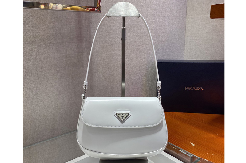Prada 1BD311 Prada Cleo brushed leather shoulder bag with flap in White brushed leather