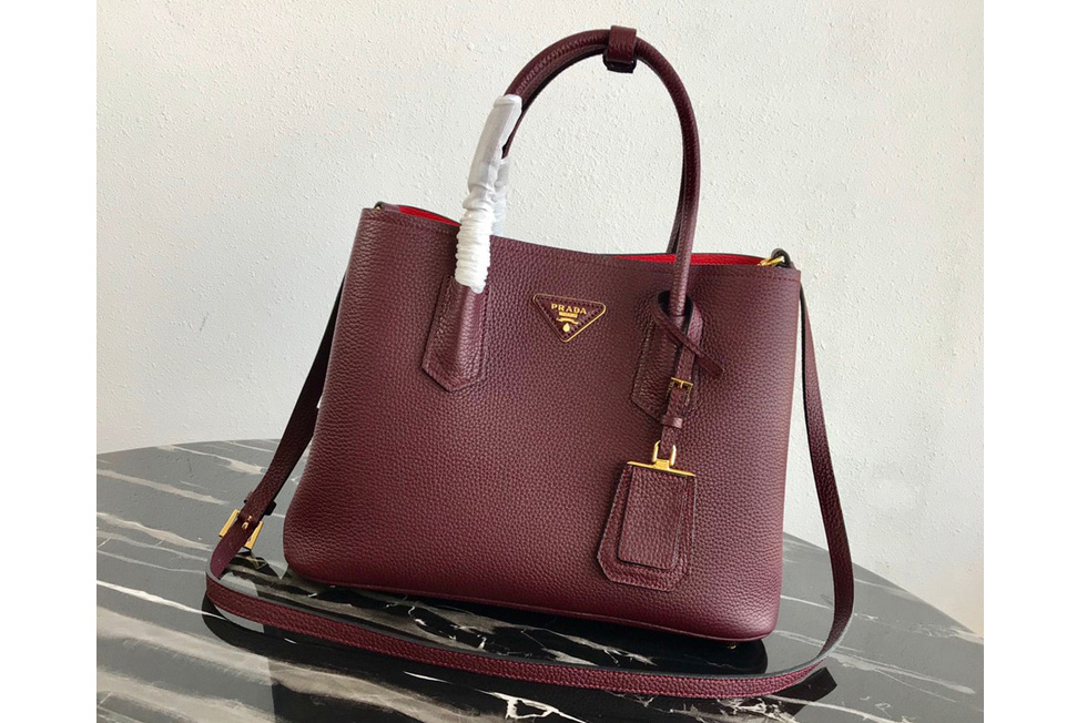 Prada 1BG008 Double Medium Bag in Burgundy Saffiano leather