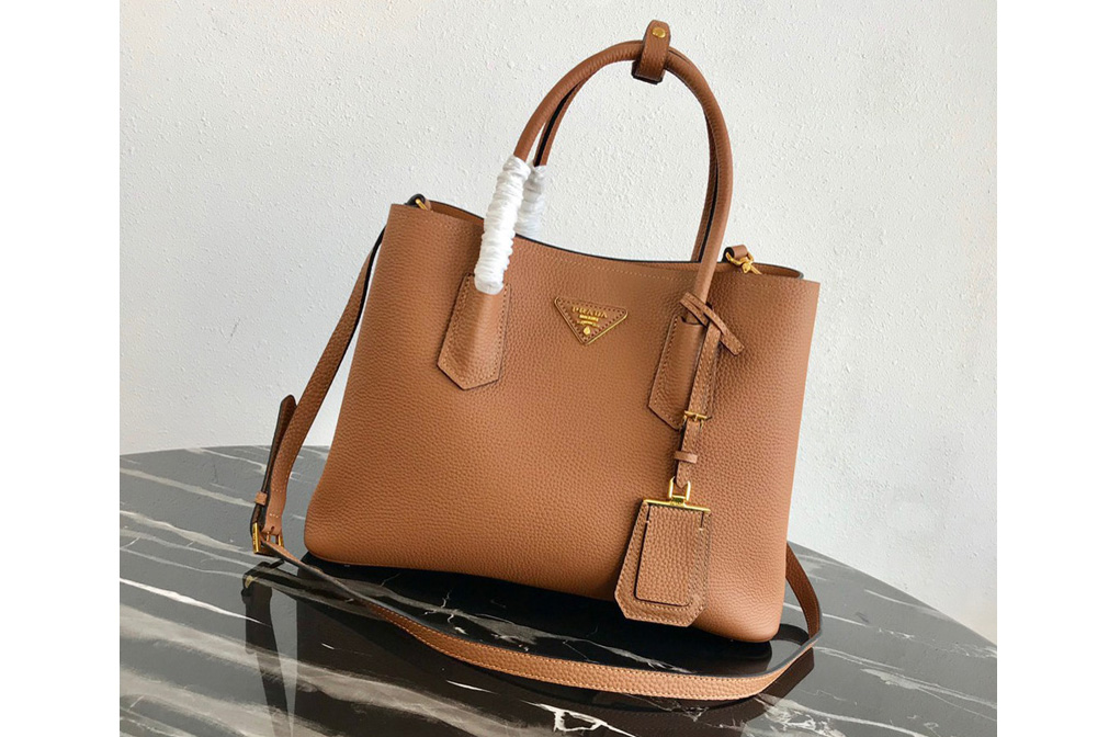 Prada 1BG008 Double Medium Bag in Tan Saffiano leather