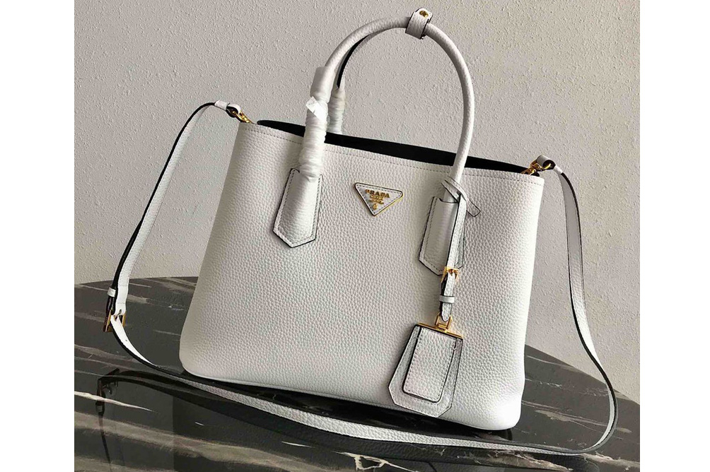 Prada 1BG008 Double Medium Bag in White Saffiano leather