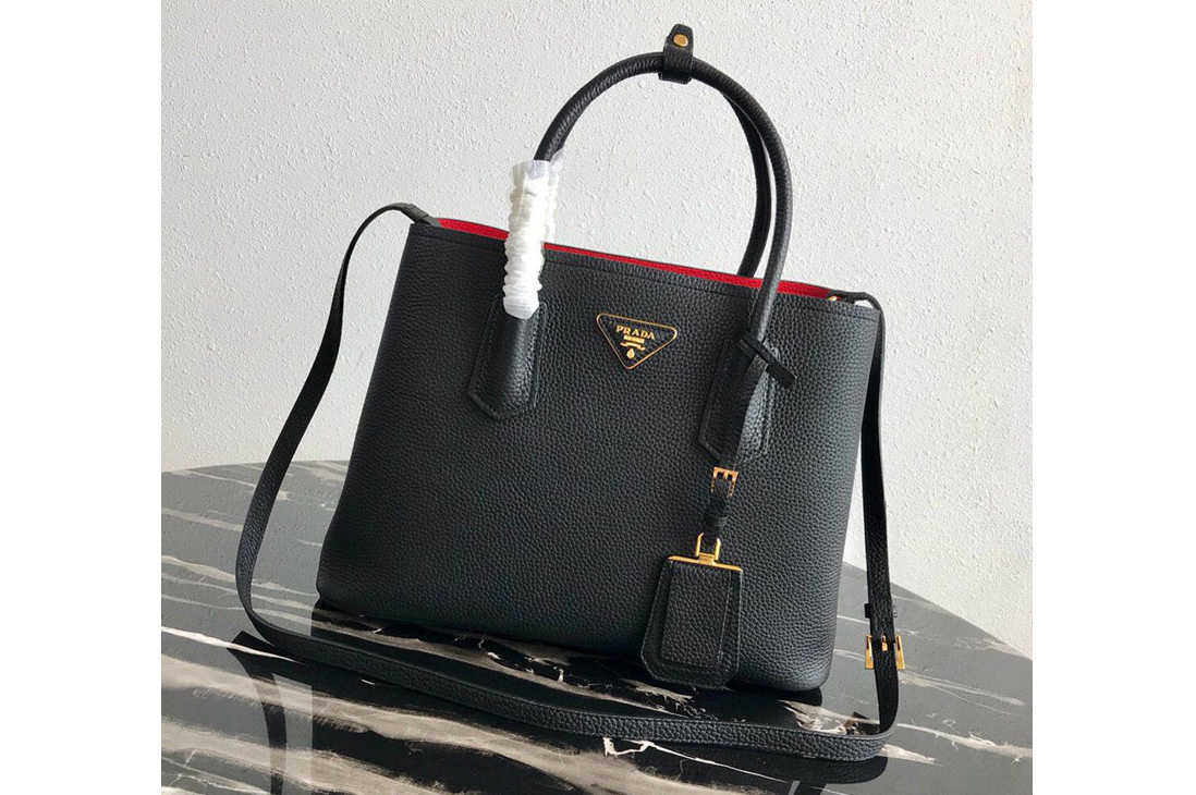 Prada 1BG008 Double Medium Bag in Black/Red Saffiano leather