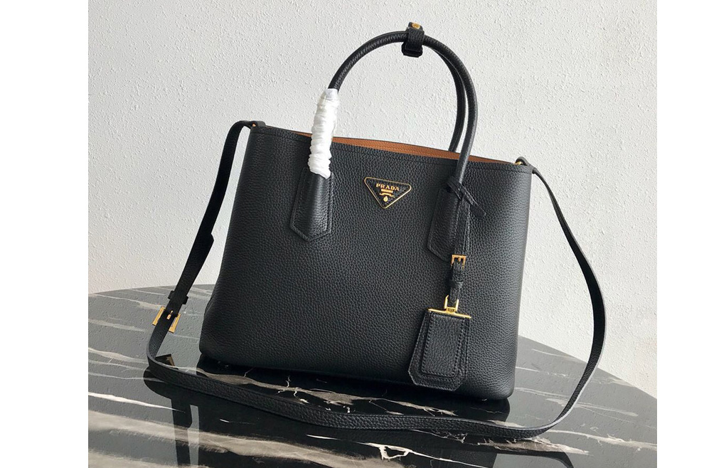 Prada 1BG008 Double Medium Bag in Black/Brown Saffiano leather