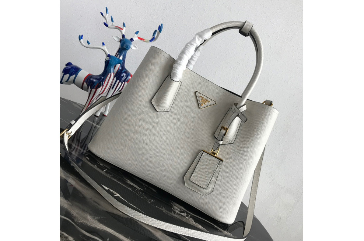 Prada 1BG2775 Double Medium Bag in White/Black Saffiano leather