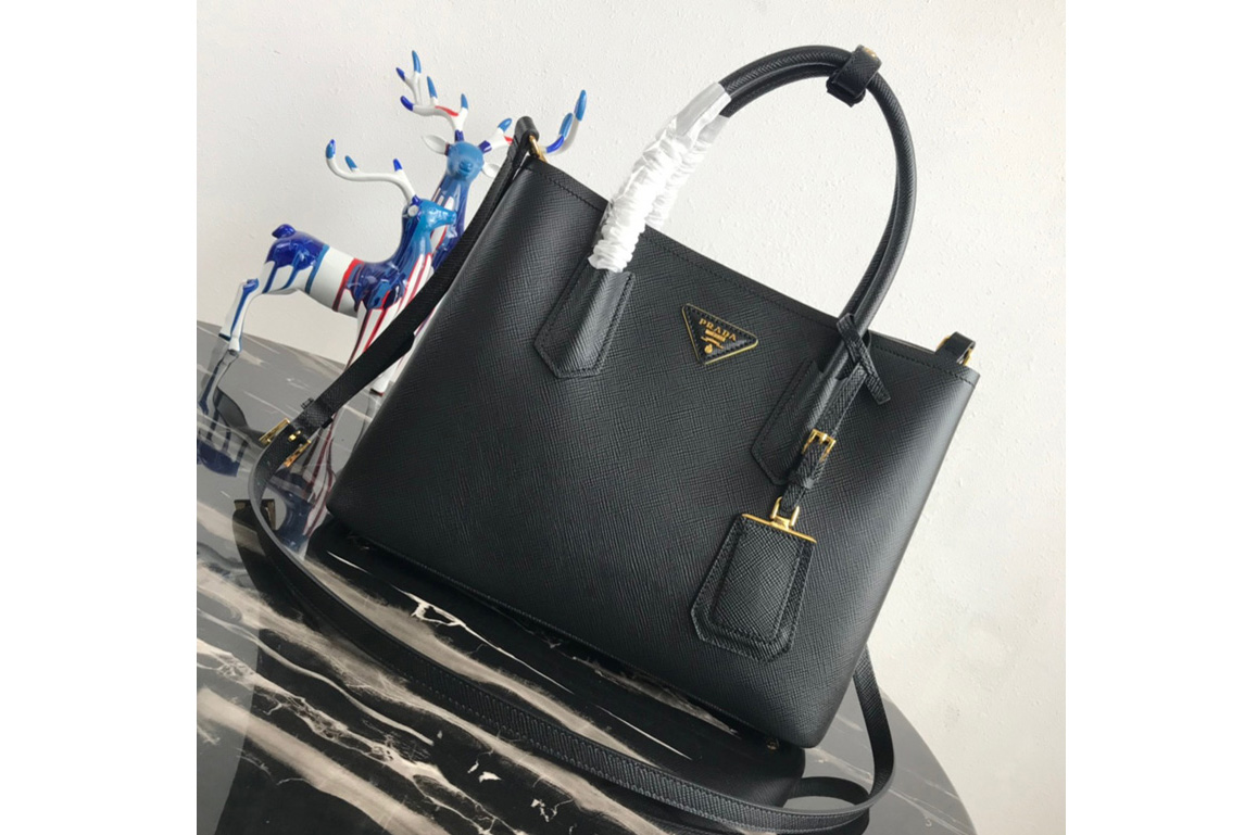 Prada 1BG2775 Double Medium Bag in Black/Pink Saffiano leather