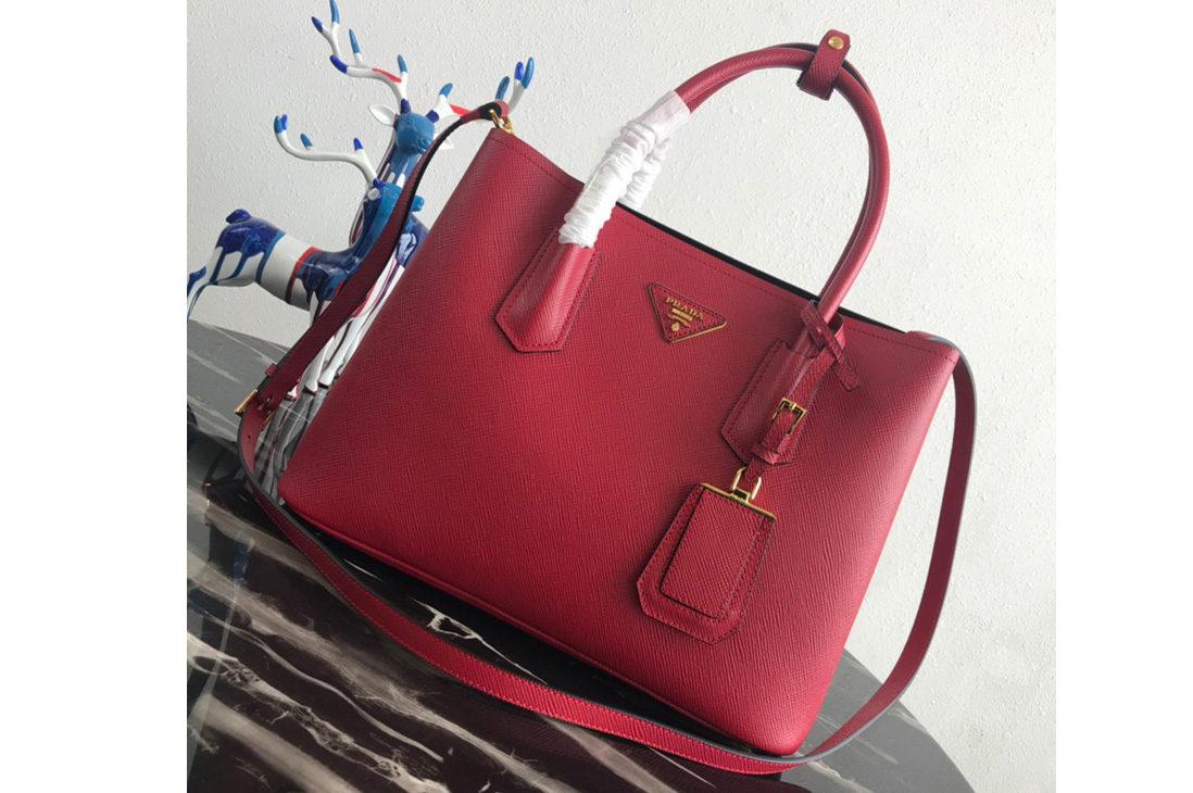 Prada 1BG2775 Double Medium Bag in Red/Black Saffiano leather