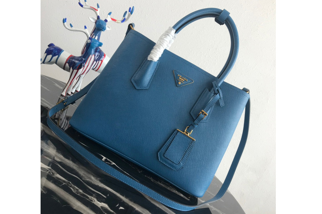Prada 1BG2775 Double Medium Bag in Blue/Black Saffiano leather