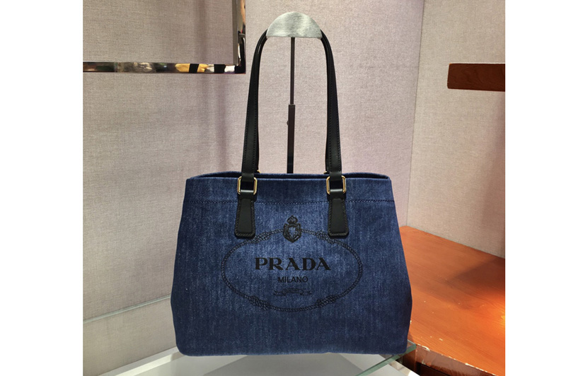 Prada 1BG356 Small linen blend and leather tote bag in Blue Linen blend and calf leather