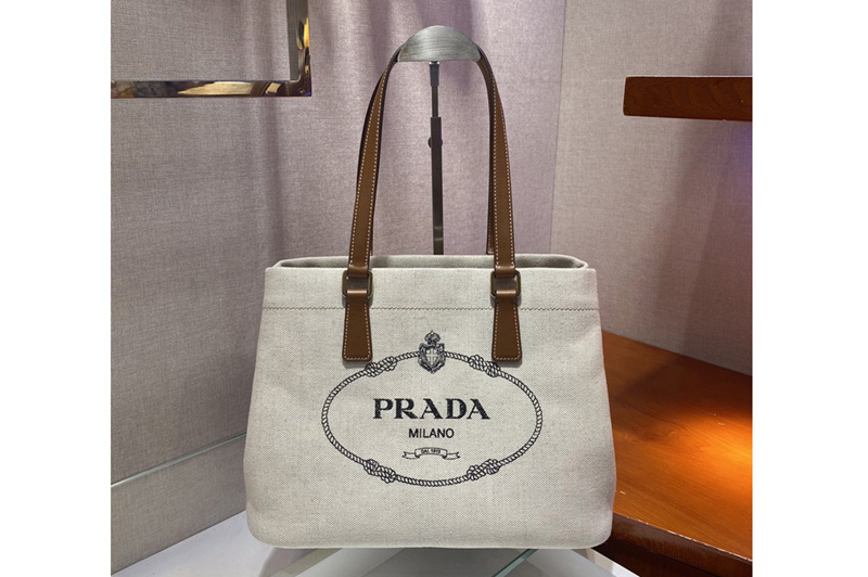 Prada 1BG356 Small linen blend and leather tote bag in White Linen blend and calf leather