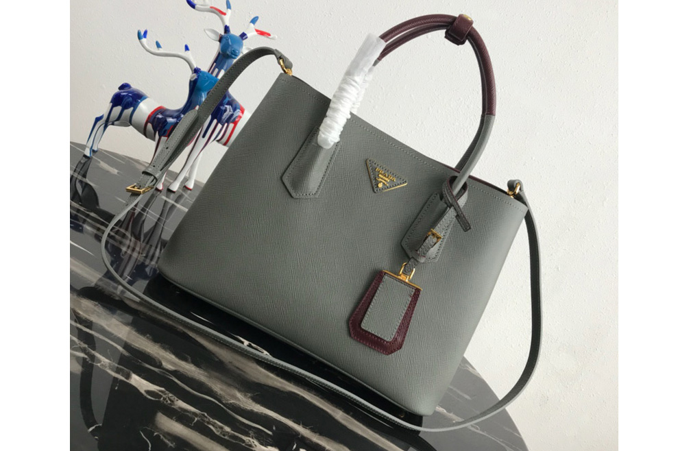 Prada 1BG775 Double Medium Bag in Gray/Burgundy Saffiano leather