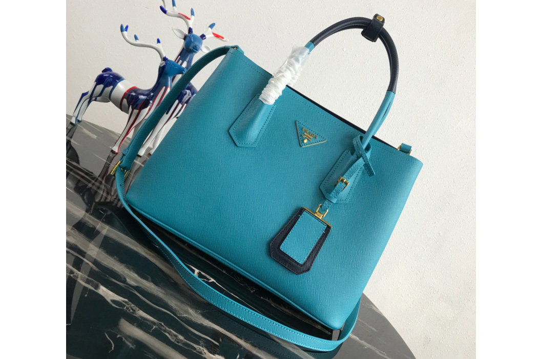Prada 1BG775 Double Medium Bag in Blue/Black Saffiano leather
