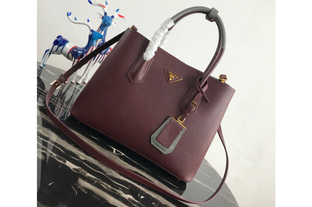 Prada 1BG775 Double Medium Bag in Burgundy/Gray Saffiano leather