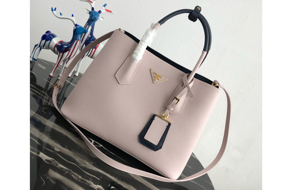 Prada 1BG775 Double Medium Bag in Pink/Black Saffiano leather