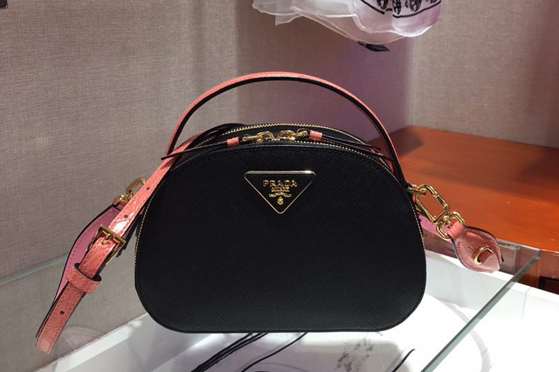 Prada 1BH123 Odette Saffiano leather bags Black/Pink Saffiano leather