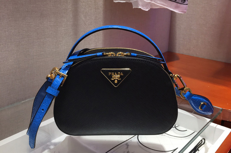 Prada 1BH123 Odette Saffiano leather bags Black/Blue Saffiano leather