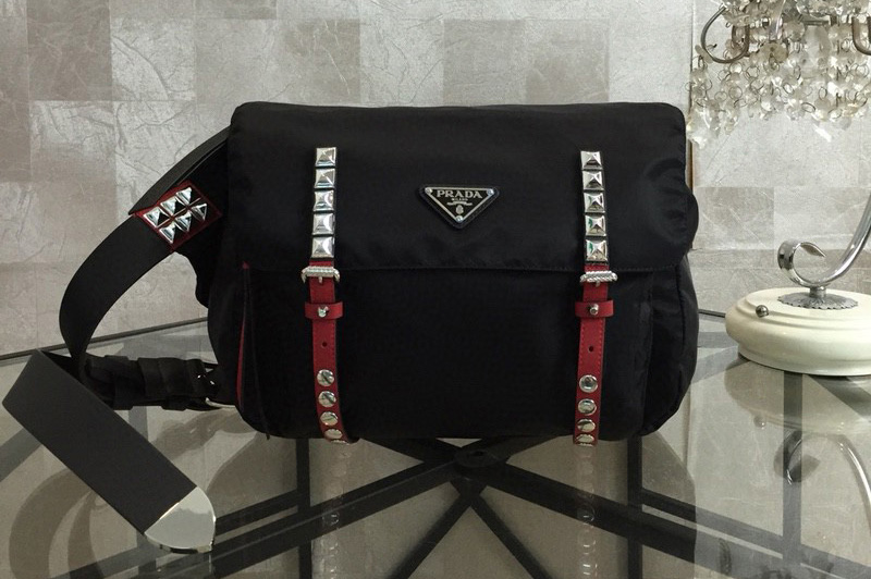 Prada 1BL013 Black Belt Bag New Vela In Black Nylon With Red Leather
