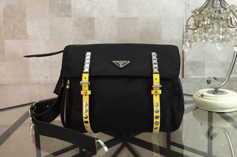 Prada 1BL013 Black Belt Bag New Vela In Black Nylon With Yellow Leather