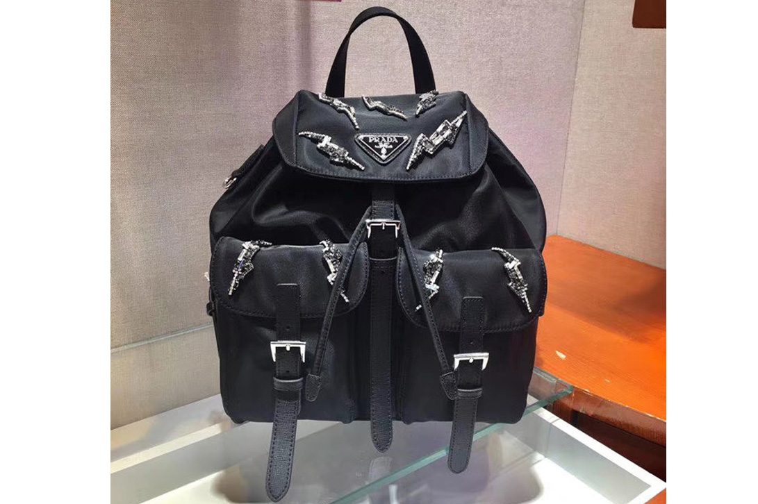 Prada 1BZ006 Nylon Backpack Black Nylon With Crystal