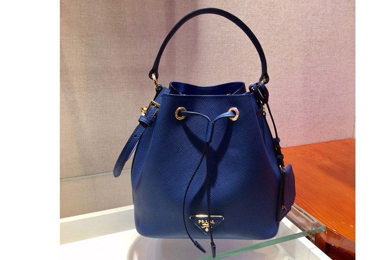 Prada 1BE032 Saffiano Leather Bucket Bag in Dark Blue Saffiano leather