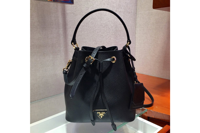 Prada 1BE032 Saffiano Leather Bucket Bag in Black Saffiano leather