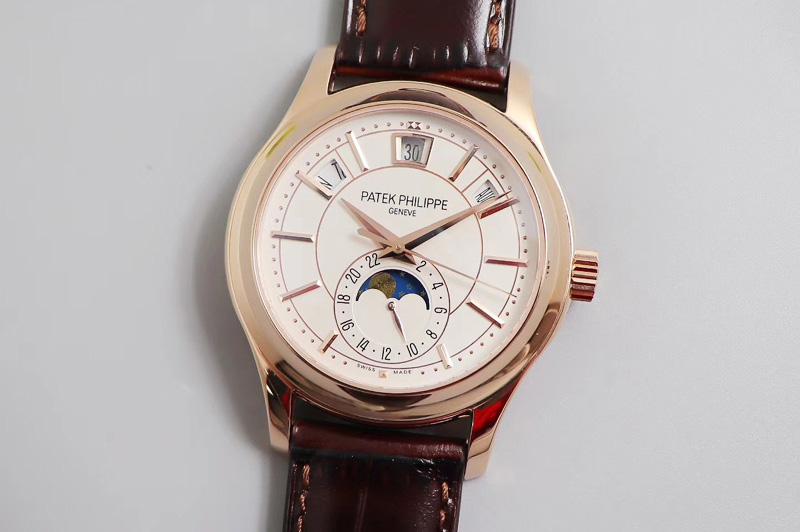 Patek Philippe Annual Calendar 5205G Rose Gold GRF Best Edition White Dial on Brown Leather Strap A324