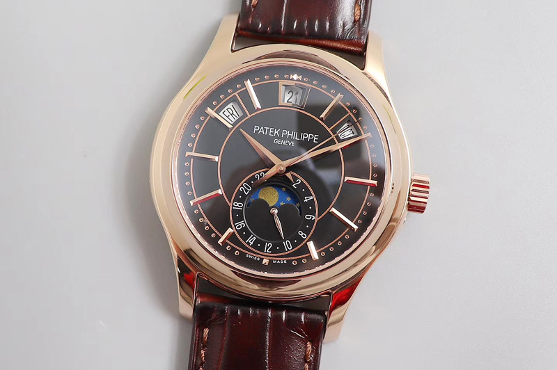 Patek Philippe Annual Calendar 5205G Rose Gold GRF Best Edition Brown Dial on Brown Leather Strap A324