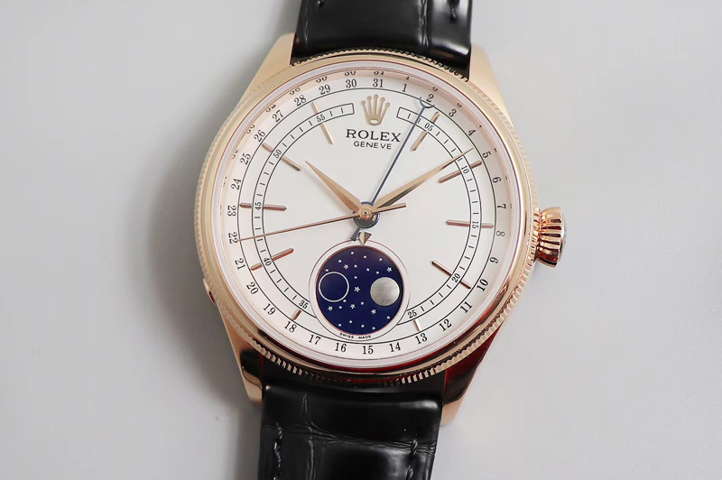 Rolex Cellini 50535 Moonphase RG ZZ Best Edition White Dial on Brown Leather Strap A2824