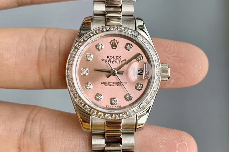 Ladies Rolex Datejust 28mm 279174 SS Pink Dial Diamonds Bezel on SS Oyster Bracelet Eta2671