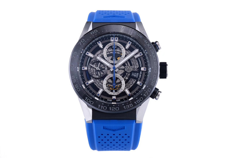 Tag Heuer Calibre Heuer 01 Chrono SS/PVD XF 1:1 Best Edition Skeleton Dial Blue Hand on Blue Rubber Strap A1887