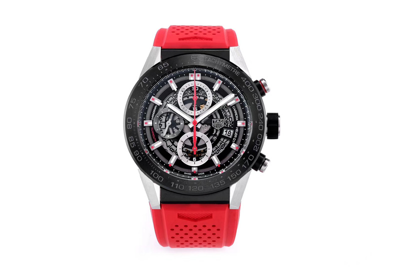 Tag Heuer Calibre Heuer 01 Chrono SS/PVD XF 1:1 Best Edition Skeleton Dial Red Hand on Red Rubber Strap A1887