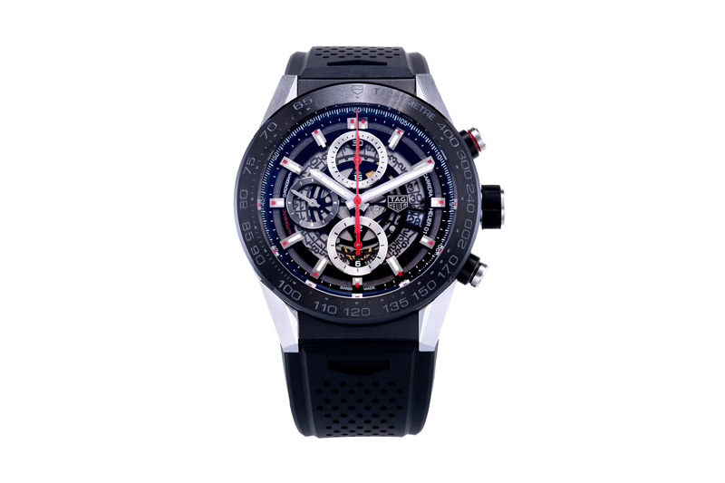 Tag Heuer Calibre Heuer 01 Chrono SS/PVD XF 1:1 Best Edition Skeleton Dial Red Hand on Black Rubber Strap A1887