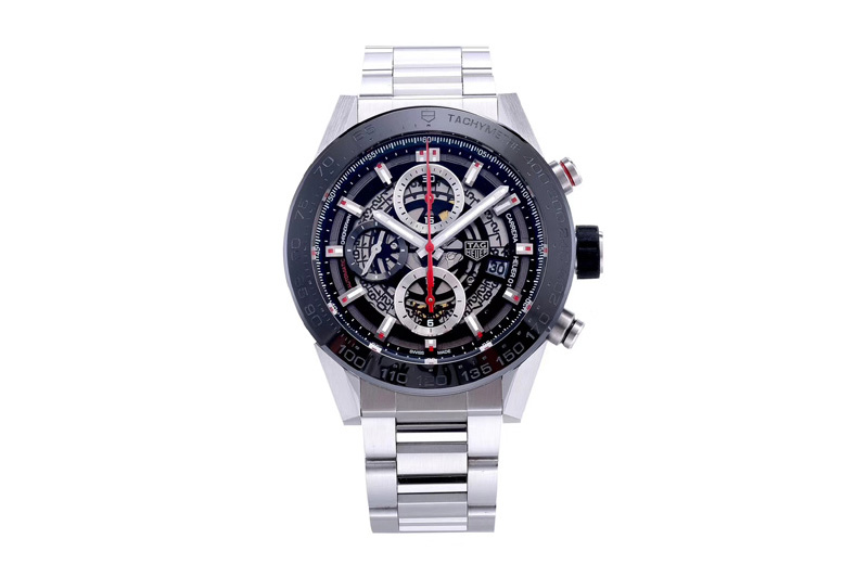Tag Heuer Calibre Heuer 01 Chrono SS/PVD XF 1:1 Best Edition Skeleton Dial Red Hand on SS Bracelet A1887