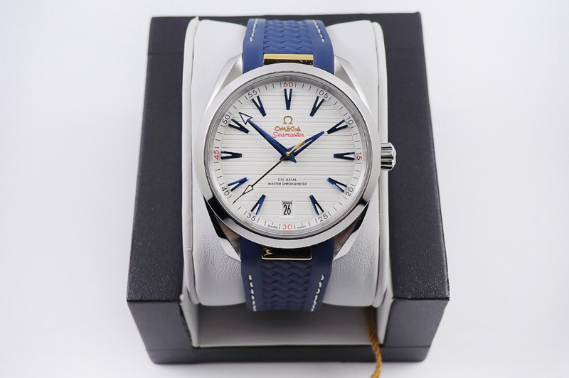 Omega Aqua Terra 150M Master Chronometers VSF 1:1 Best Edition White Dial Gold Hand on Blue Rubber Strap A8900 Super Clone