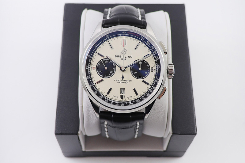 Breitling Premier B01 Chronograph 42 Steel Watch GF Best Edtion in White Dial and Black Leather With A7750
